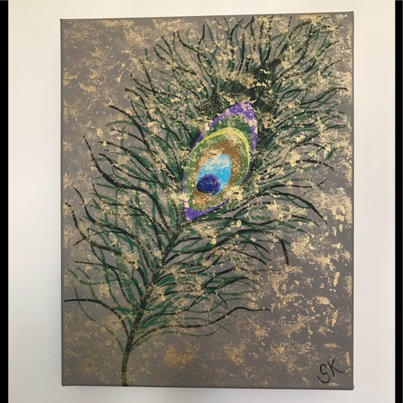 Gilded Feather  Original Acrylic  11x14 Canvas Art - Picture 2 of 2